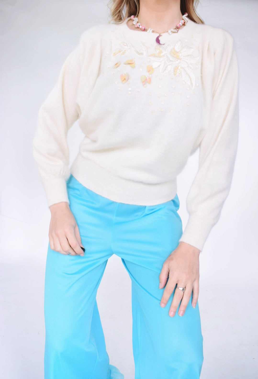 80s PASTEL SEQUIN BATWING SWEATER - M