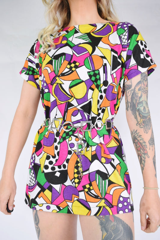 80s TRIPPY RAINBOW CHECKERBOARD BLOUSE - XS-M