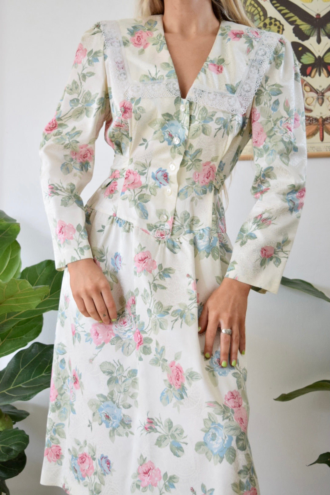 70s Pastel Floral Lace Collar Midi Dress - Medium