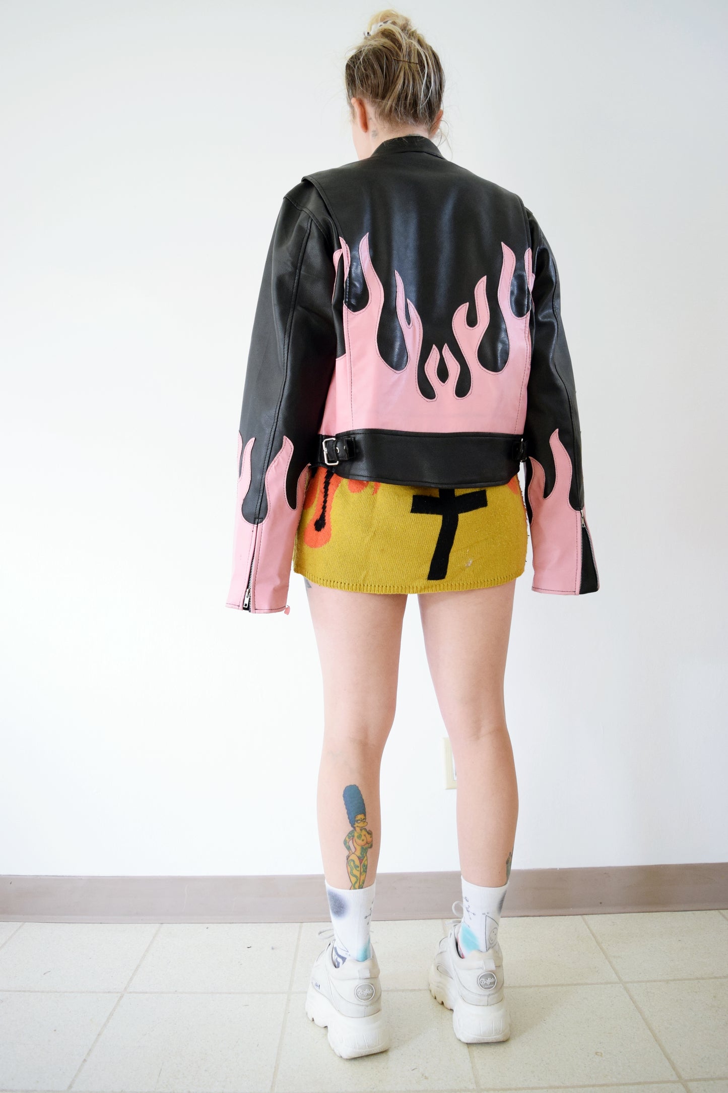 PINK FLAME PLEATHER JACKET - S/M