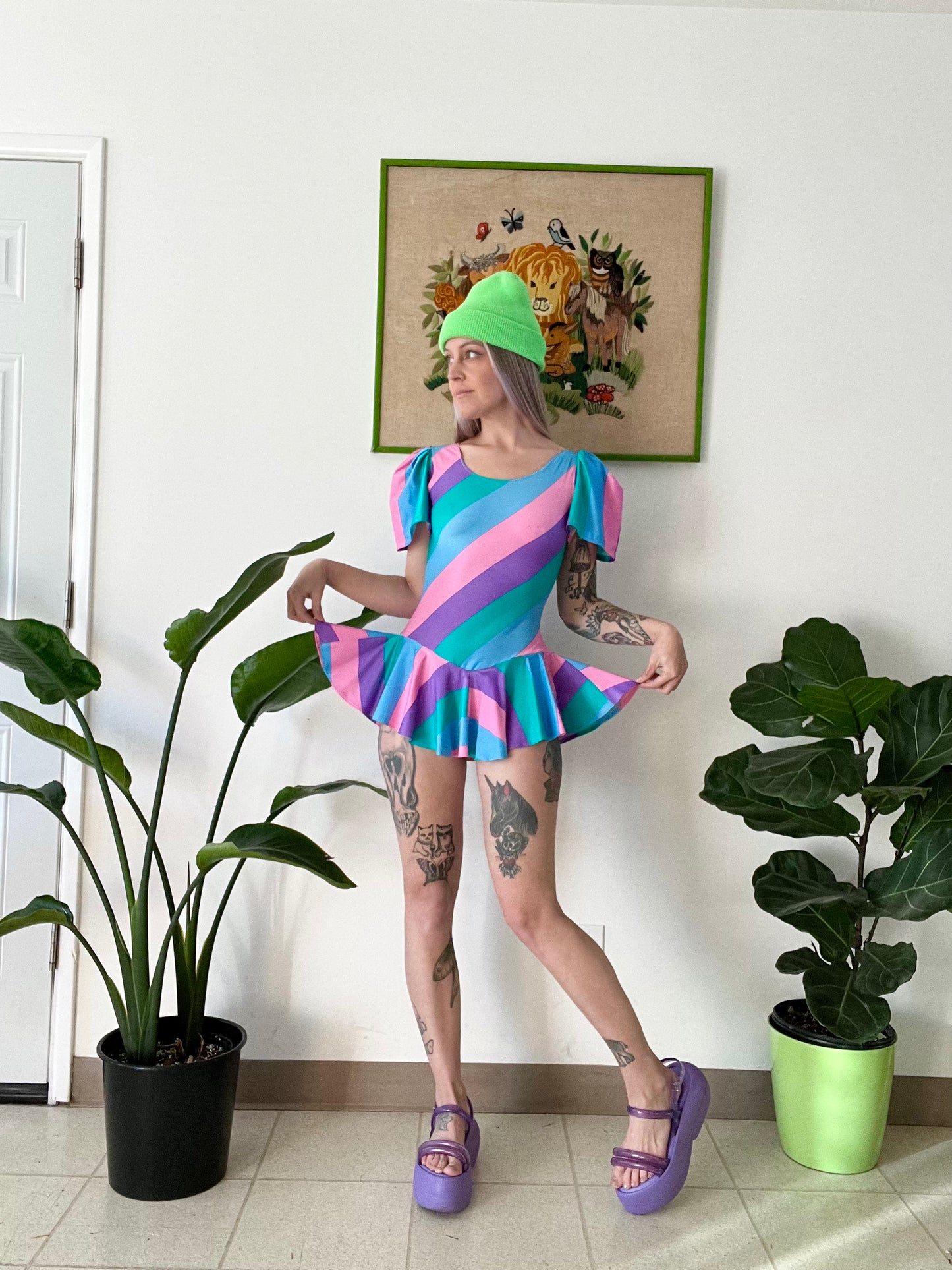 80s Candy Stripe Peplum Skirt Bodysuit