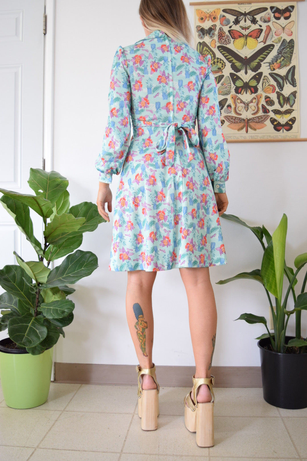 70s Floral Dagger Collar Mini Dress - XS/S