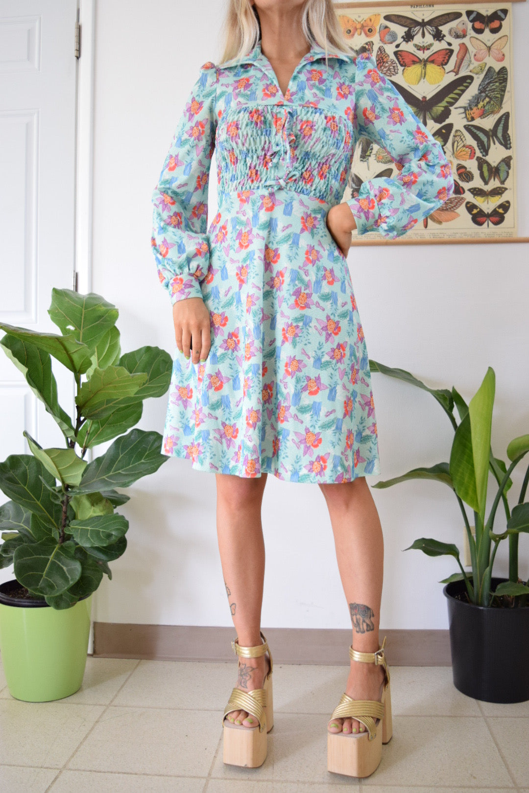 70s Floral Dagger Collar Mini Dress - XS/S