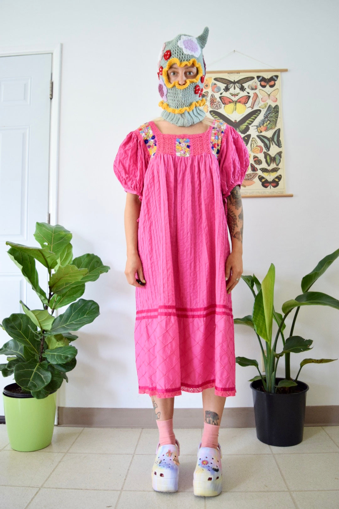 70s Pink Puff Sleeve Embroidered Maxi Dress - Medium Owlephant Vintage 70s Pink Puff Sleeve Embroidered Maxi Dress - Medium Owlephant Vintage