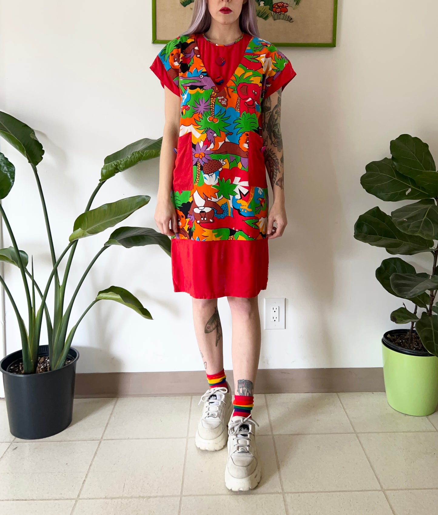 70s Psychedelic Primary Color Jungle Pals Sack Midi Dress