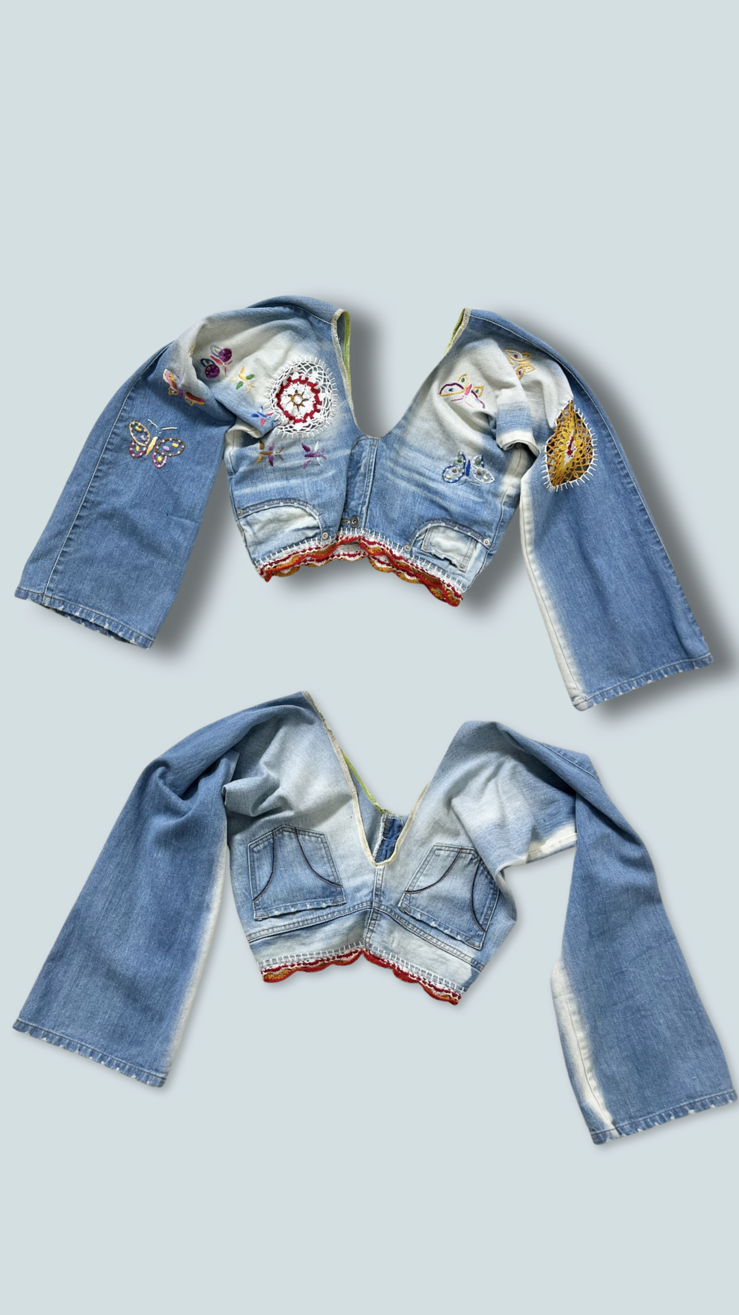 Reworked by me! Denim Bell Sleeve top with embroidery
