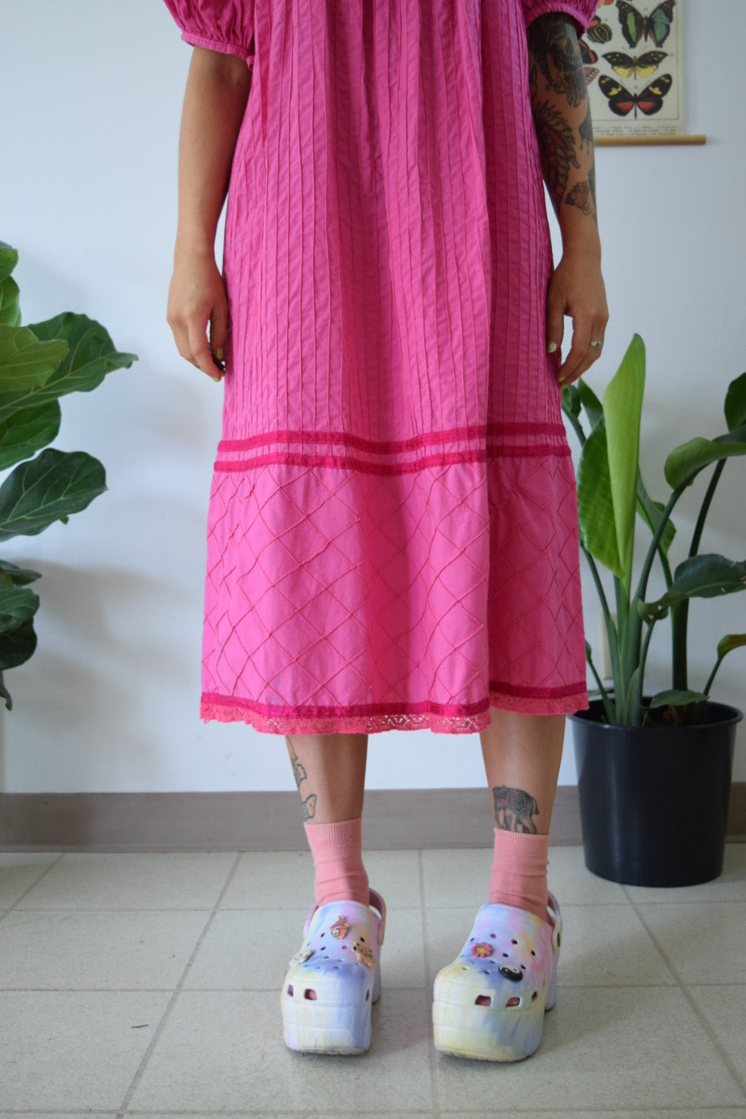 70s Pink Puff Sleeve Embroidered Maxi Dress - Medium