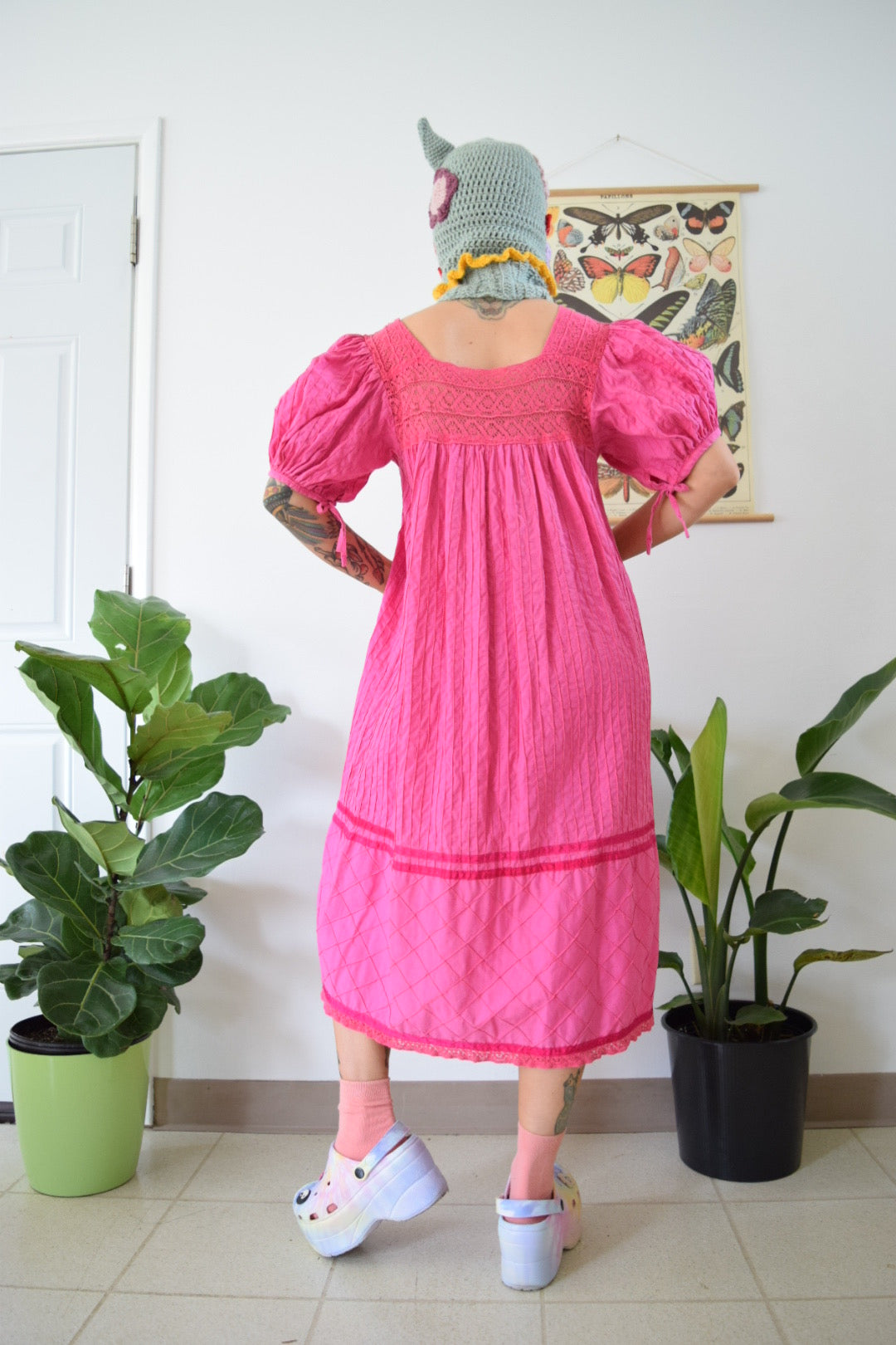 70s Pink Puff Sleeve Embroidered Maxi Dress - Medium Owlephant Vintage 70s Pink Puff Sleeve Embroidered Maxi Dress - Medium Owlephant Vintage