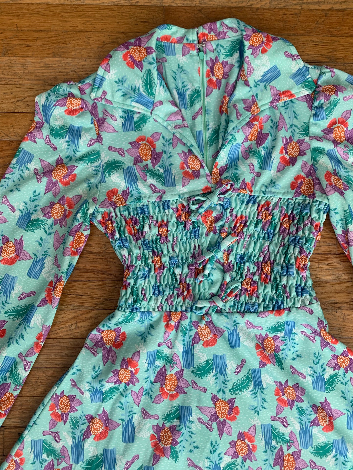 70s Floral Dagger Collar Mini Dress - XS/S