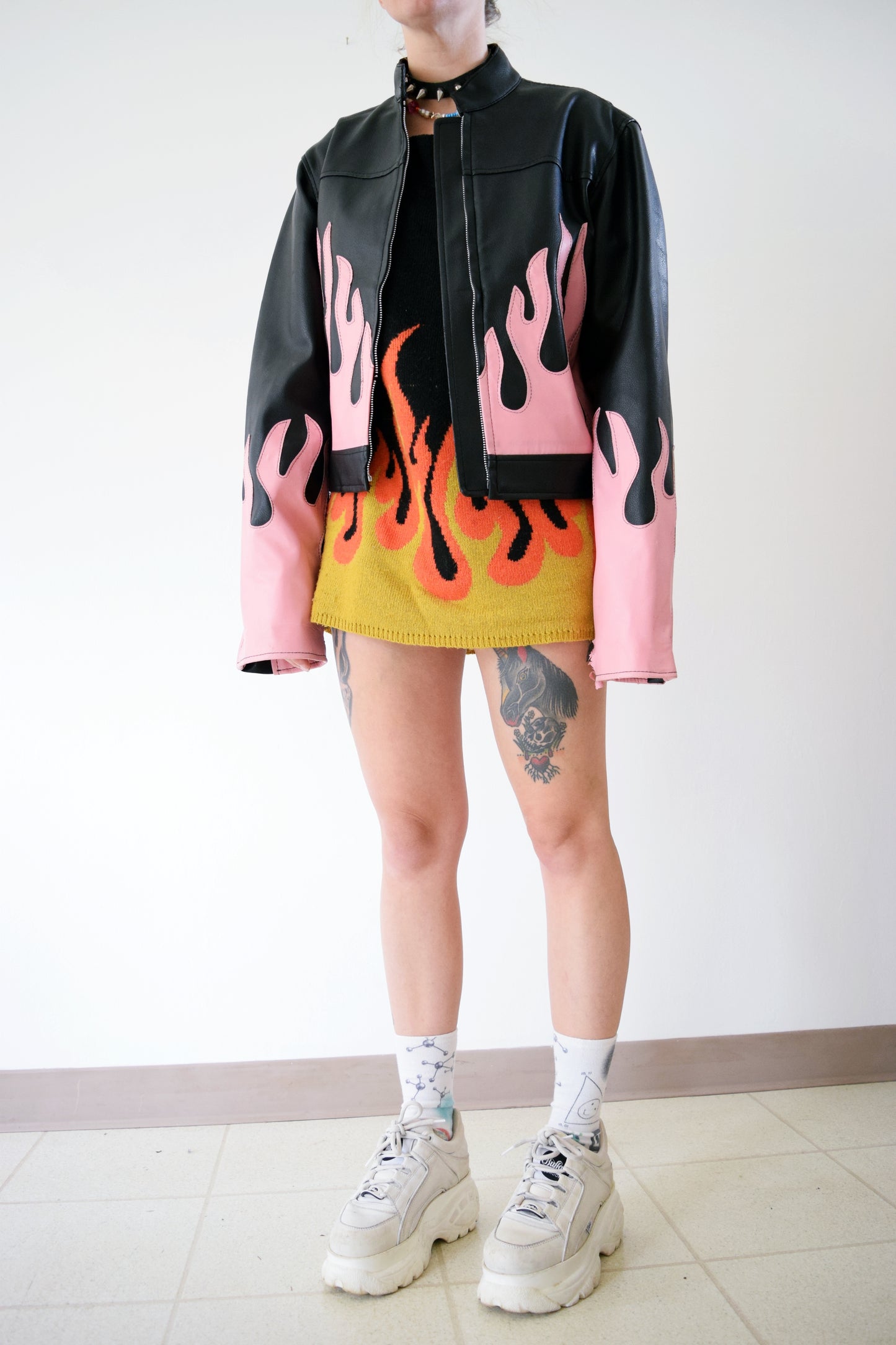 PINK FLAME PLEATHER JACKET - S/M
