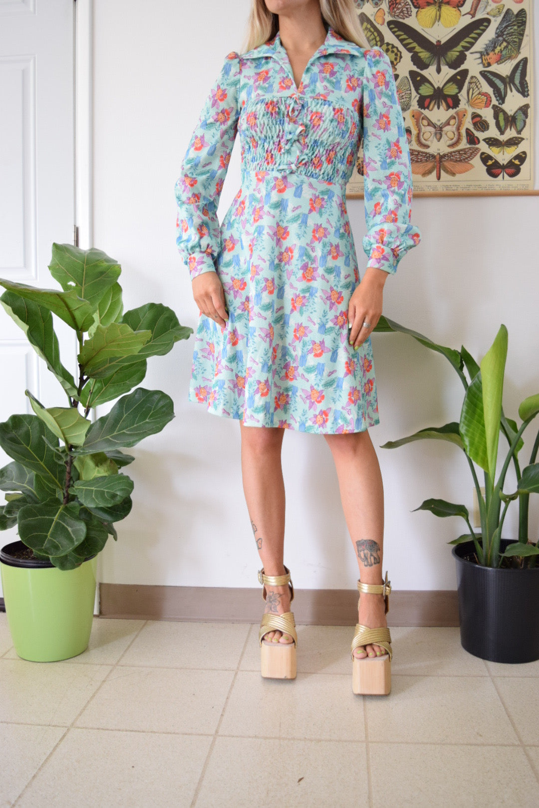 70s Floral Dagger Collar Mini Dress - XS/S