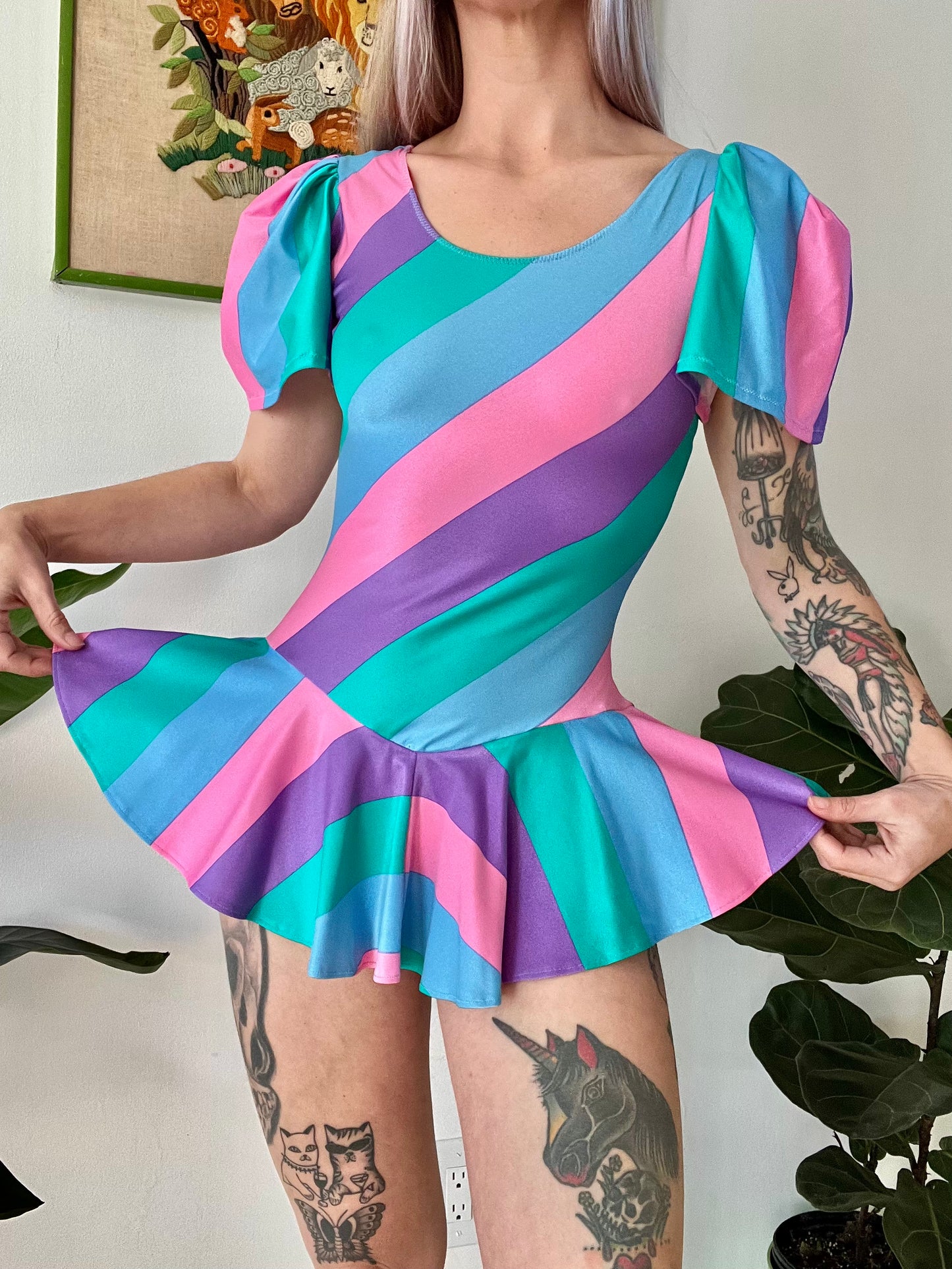 80s Candy Stripe Peplum Skirt Bodysuit